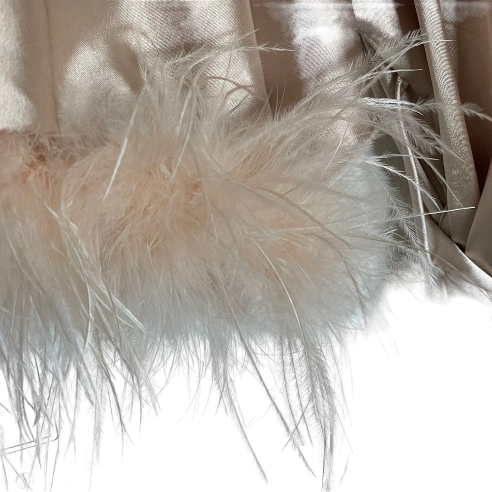 Satin Kimono Robe Long Bath Robe with Ostrich Feather Trim Robe - Picture 9 of 15